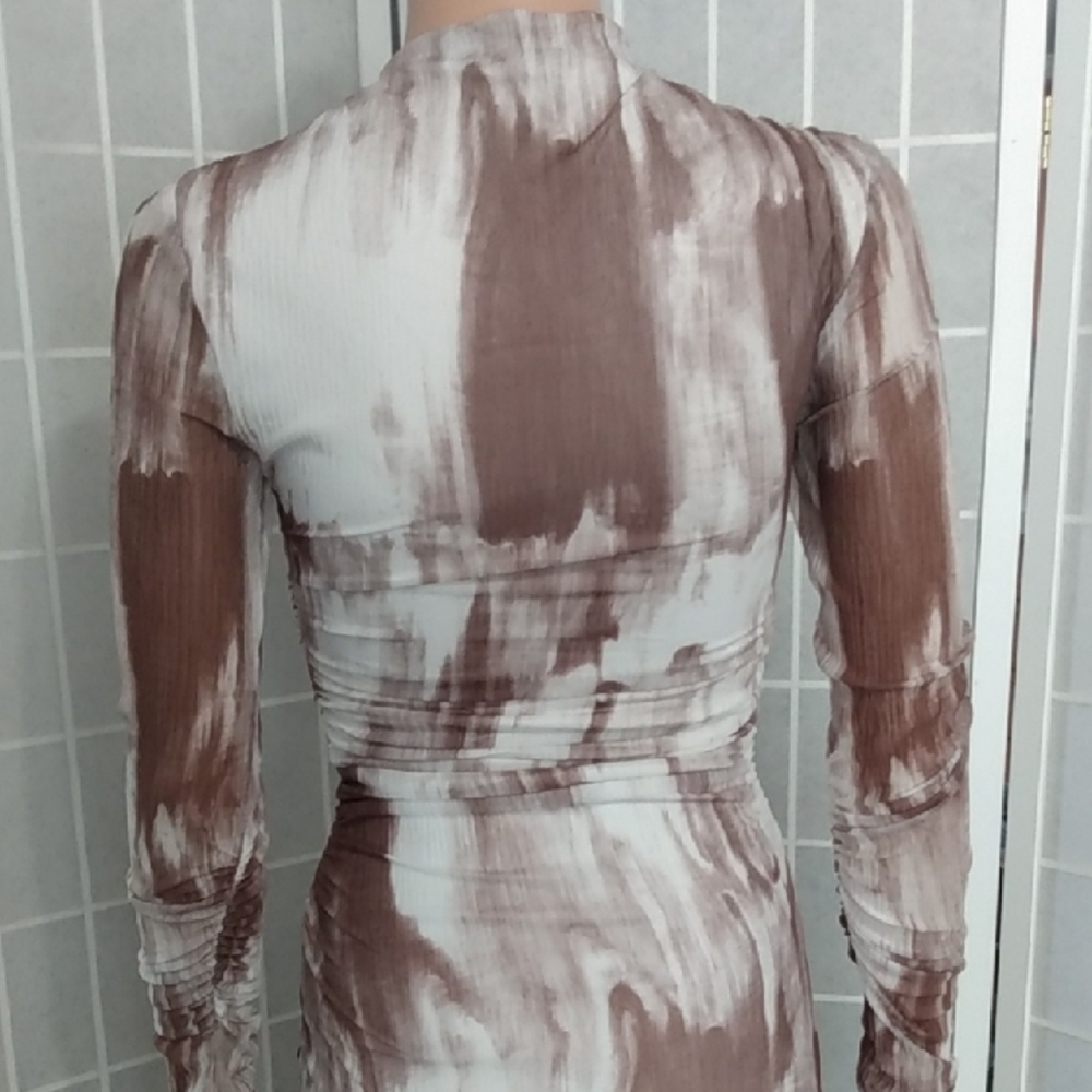 Commense Brown and White Brushstroke Maxi Dress Women's XS -Long  Ruched Sleeves - Picture 6 of 15